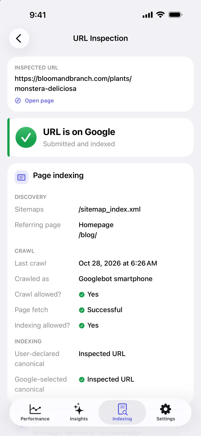 SearchPulse URL Inspection result