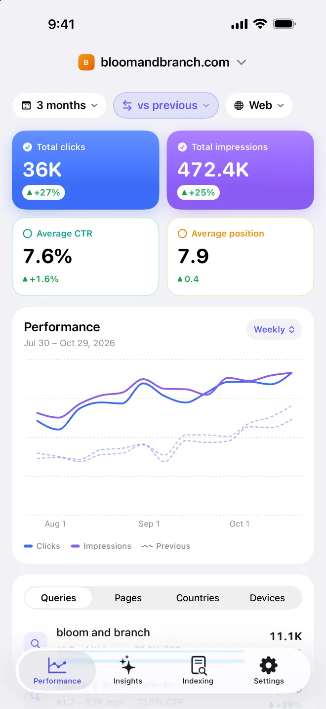 SearchPulse performance report with clicks, impressions, CTR and position